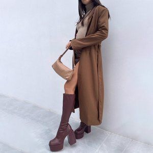 Chocolate Brown Faux Leather Chunky Platform Square Toe Knee High Boots